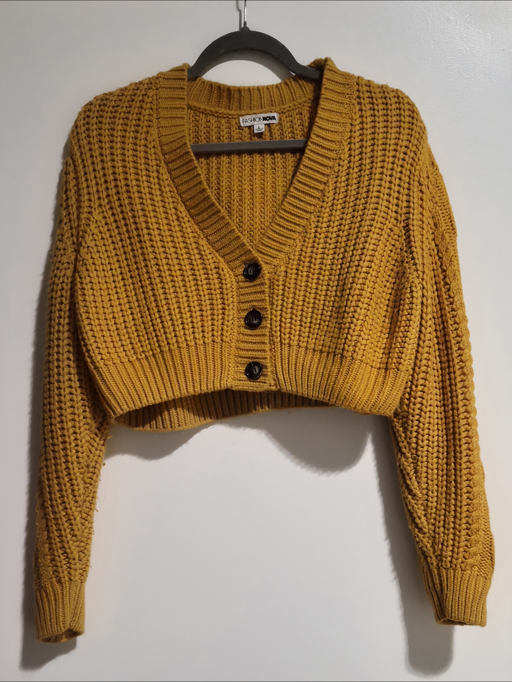 Mustard Cropped V‑Neck Button Cardigan
